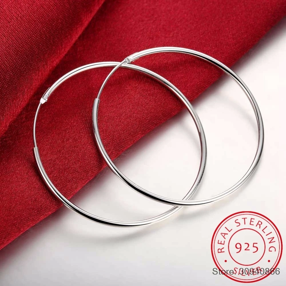 

100% 925 Sterling Silver Hoop Earring For Women 50mm 60mm Round Circle Loop Simple woman Silver Hoop Earrings