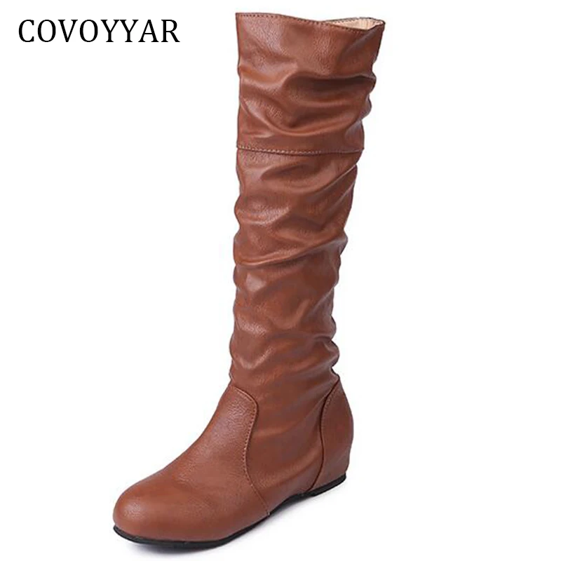 

COVOYYAR 2019 Women Knee High Boots Autumn Winter Fashion Pleated Women Boots PU Leather Solid Shoes Woman Big Sizes WBS776