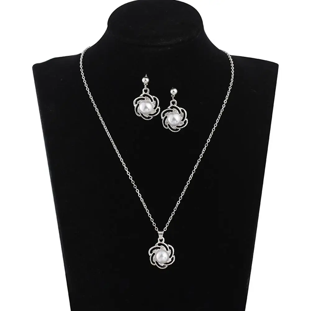 

Fashion Elegant Party Wedding Imitation Pearl Hollow Flower Bridal Necklace Stud Earrings Set Jewelry Gift