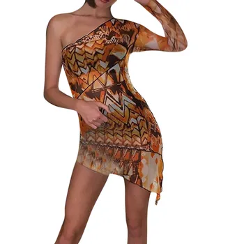 

Winter Autumn Women Printing Cold Off Shoulder Mesh Patchwork Long Seelve Party Dress vestidos vestidos de verano