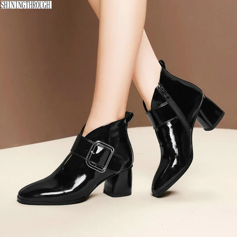 

Women Genuine leather high heels ankle boots ladies dress wedding shoes woman square toe spring autumn boots large size 43