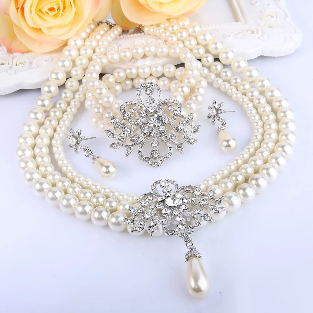 Bella Fashion Flower Bridal Jewelry Set Simulated Pearl Austrian