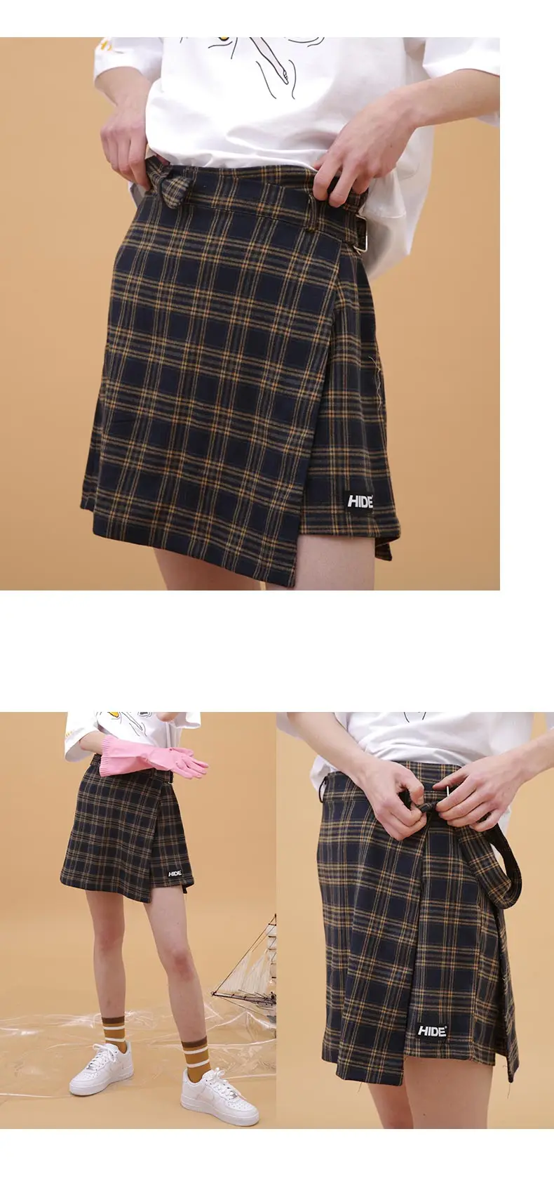 Женская мини юбка-шорты в клетку с регулируемым поясом
