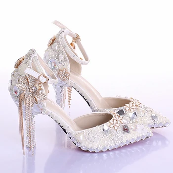 

Elegant Pointed Toe Ivory Pearl Wedding Party Dress Shoes Ankle Strap Boots Bridal Shoes Rhinestone Pumps for Wedding Shoes