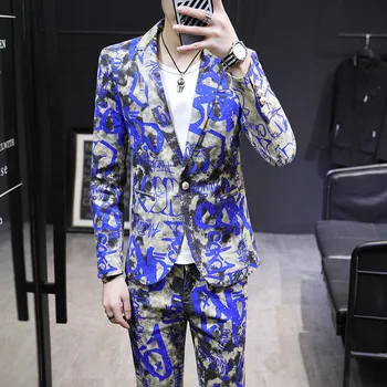 

Mens 2 Piece Suit One Button Floral Print Party Tuxedo Slim Fit Nightclub Youth Fashion Blazer Suits Set