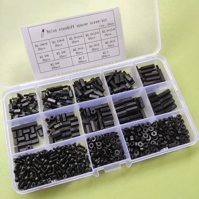 780PCS M2 M2.5 M3 여성 남성 육각 나일론 스탠드 오프 스페이서 열 PCB 마더 보드 고정 플라스틱 간격 나사 키트