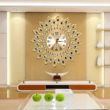European Luxury Quartz Creative Large Wall Clock Art Golden Peacock Clocks Wall Modern Design Living Room Mute Wall Watch