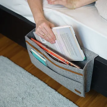 

Felt Bed Storage Pockets Bag Bedside Sofa Table Hanging Organizer Holder with 4 Inner Pockets for Book Phone Glasses Hold 0