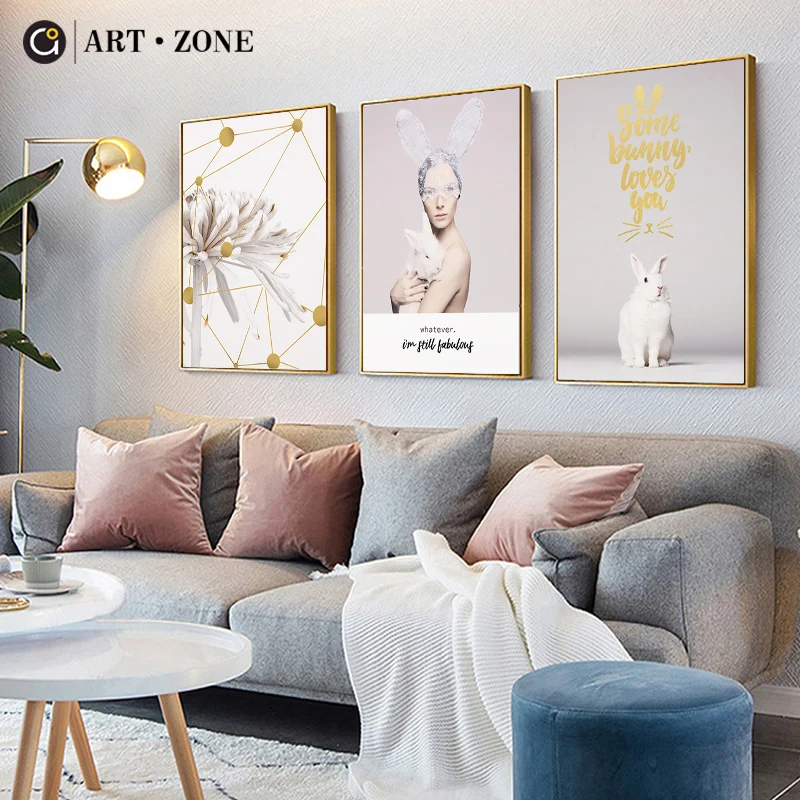 

ART ZONE Rabbit Girl Art Wall Painting Nordic Minimalist Hello Quote Geometry Flower Home Living Room Decor Unframed Poster