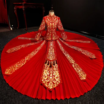 

Overseas Chinese Women Cheongsam Luxury Embroidery Qipao Stage Show Clothing Mandarin Collar Vintage Wedding Tassel Dress