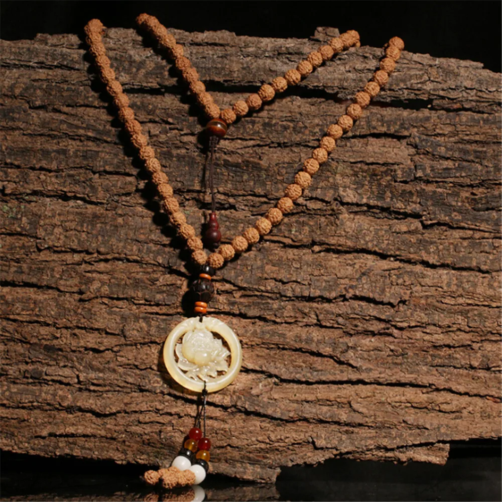 Трендовое 9 мм Натуральная рудракша ожерелье непальское 108 бусины мала резное ожерелье в форме лотоса для медитации женщин