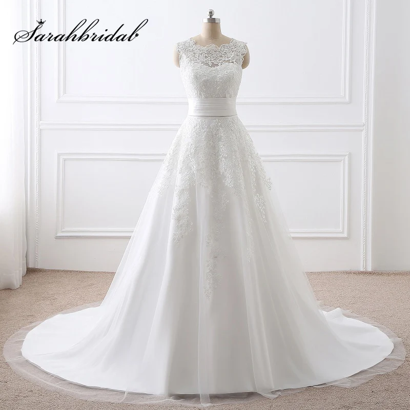 

2018 Cheap 2 in 1 Wedding Dresses with Detachable Train Lace Appliques Tulle A-Line Zipper Long Bride Gowns Custom Made SQS073