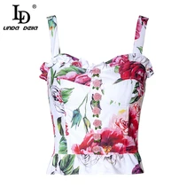 Женский топ с принтом LD LINDA DELLA, летняя цветная футболка, укороченный топ с цветочным принтом, повседневная рубашка с бретельками, женская одежда