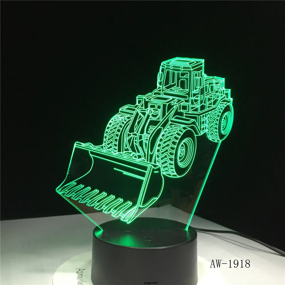 Бульдозер тягач автомобиль 3D ночник 7 цветов изменить светодиодный настольная лампа Акриловые плоской ABS базы USB Зарядное устройство