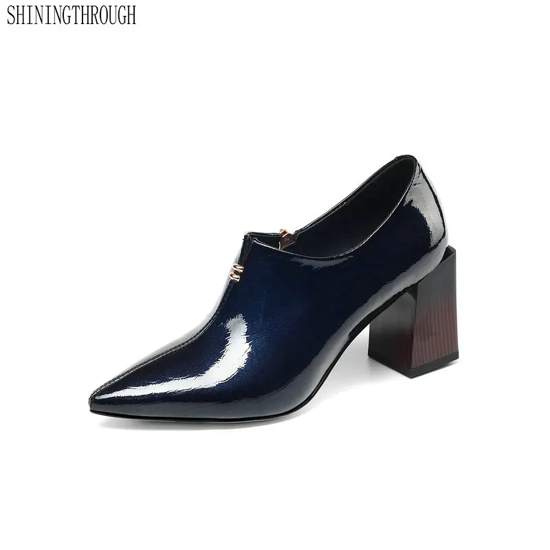 

Spring 2019 High Heels Women Pumps Pointed Toe Stitching Footwear Cow Leather Female Shoes Zip Office Shoes Woman