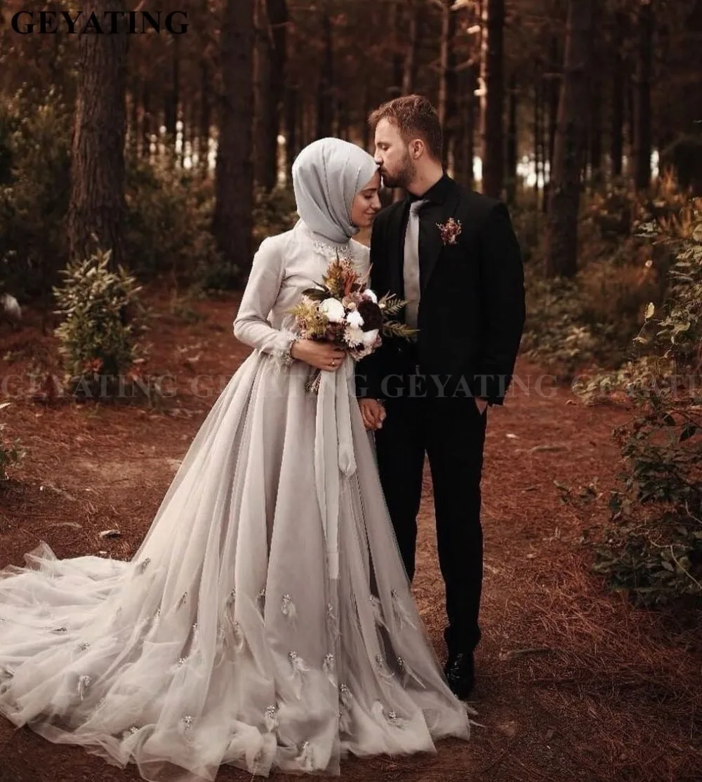 Saudi Arabic Dubai Kaftan Muslim Wedding Dress Long Sleeve Hijab