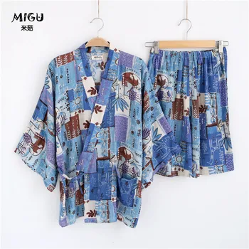 

Retro Japanese Kimono pajamas set 100% Cotton Ladies' suits Half sleeve Womens Pyjamas Loose soft Home Clothing Sleepwear Female
