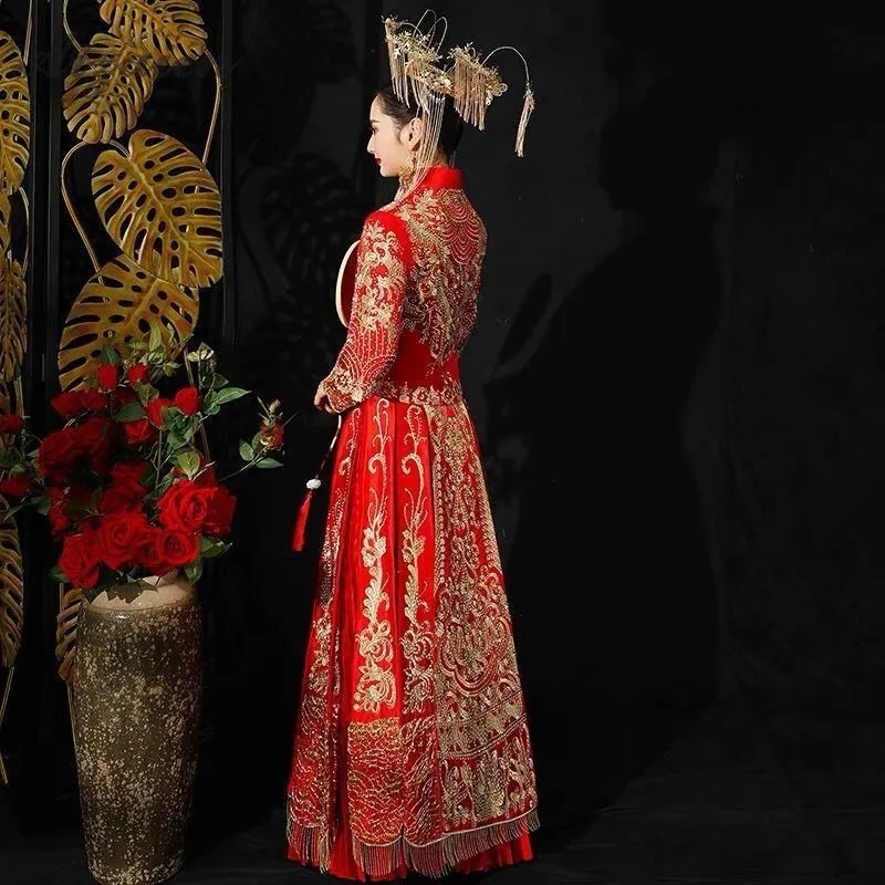 Новая красная плиссированная юбка Chinoise невесты длинное Cheongsam Современное женское традиционное китайское свадебное платье Ципао Восточное