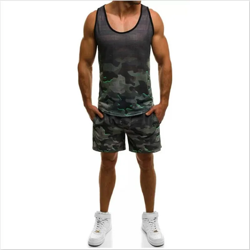 

Vest suit 2019 Euro code summer new men's casual sports camouflage suit (vest + shorts) casual sports running fitness suit
