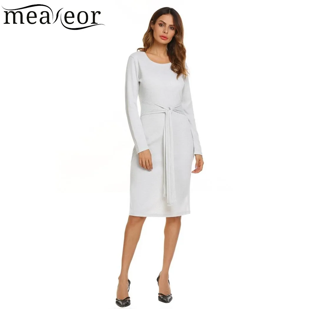 Meaneor 2017 Casual Knitted Package Hip Mild calf Pencil Dress Women Split Solid Lace up Long