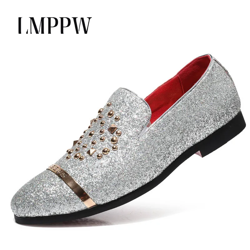 

Fashion Gold Spiked Loafers Shoes Men Breathable Light Casual Shoes Sequins Banque Wedding Shoes Brand Design Men Loafers Shoes