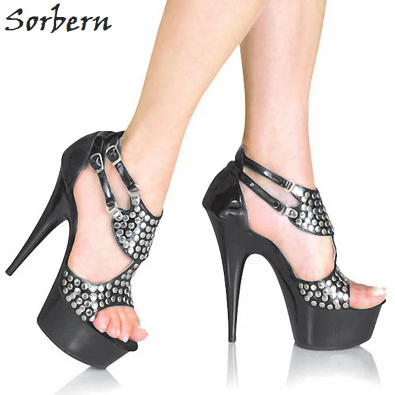 

Sorbern Vintage Rivets High Heels Sandals Open Toe Platform Shoes Ankle Straps Hollow Out Women 'Summer Shoes Glitter Heels