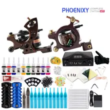 Полный комплект татуировки 2 электромагнитные машинки для татуажа 10 цветов черный пигмент наборы мощность татуировки начинающих комплекты зажимов Перманентный макияж