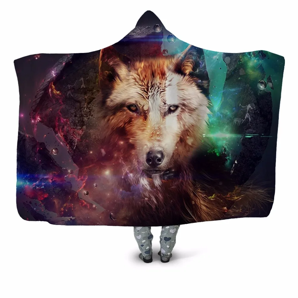 

Galaxy Wolf 3D Printed Plush Hooded Blanket for Adult Youth Children Warm Wearable Fleece Throw Blanket Home Office Washable New