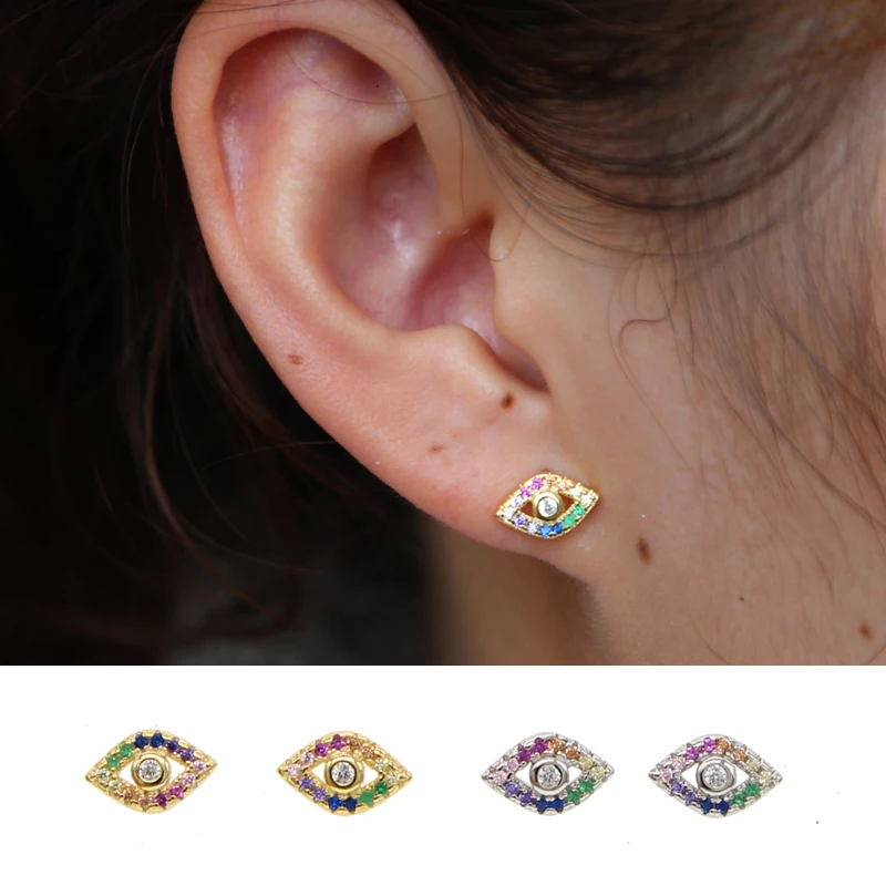 Серьги-гвоздики из стерлингового серебра 925 пробы, цвета радуги, золота, со сглаза, cz, смешанные цвета, нежные, минимум, модные, для девушек, для женщин, подарок, ювелирное изделие