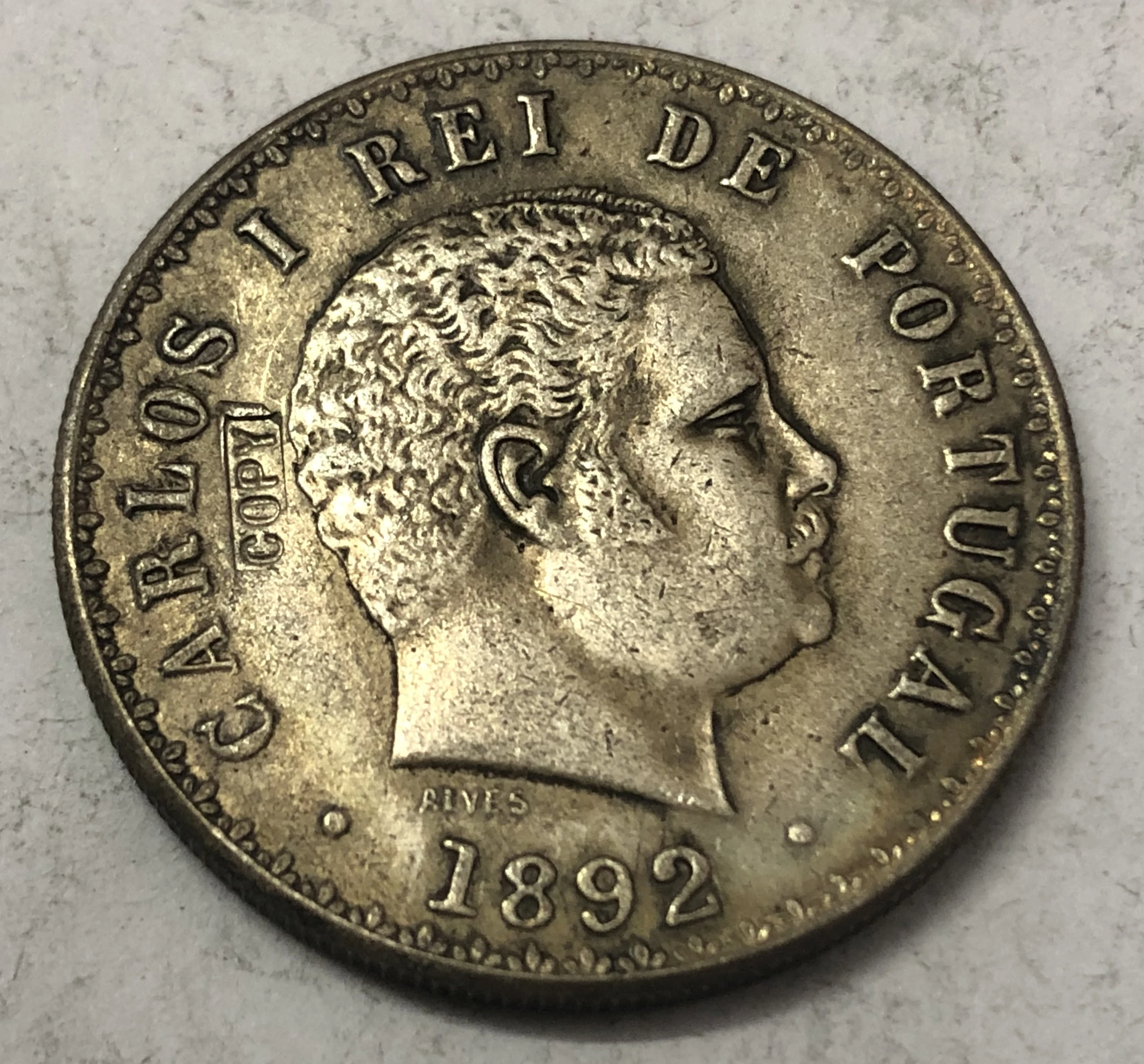 

1892 PORTUGAL 500 Reis - Carlos I Silver Plated Coin Exact Copy