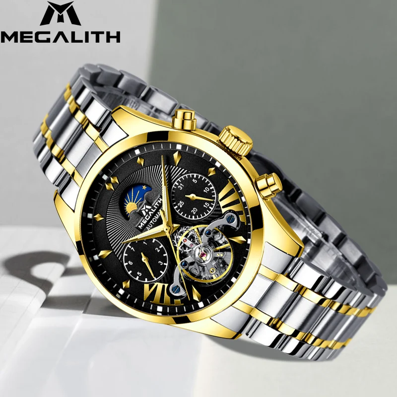 

MEGALITH Men's Automatic Mechanical Watches Men Business Casual Tourbillon Steel Watch Men Sport Waterproof Luminous Wristwatch