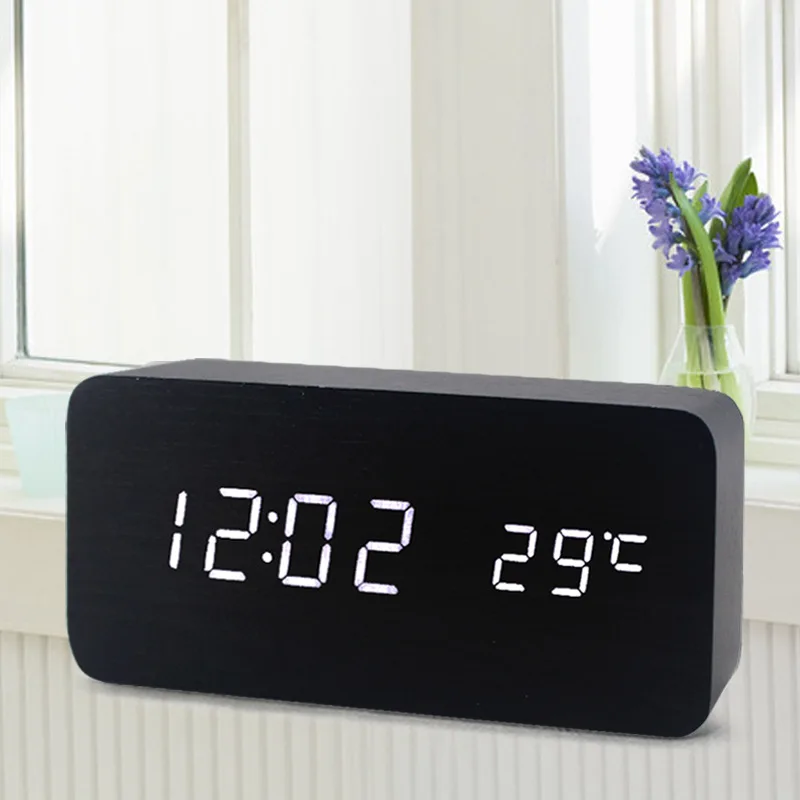 

Wood LED Digital Clock Snooze Black Desktop Alarm Clock for Bedroom Sound Control Temperature Electronic Table Clocks Home Decor