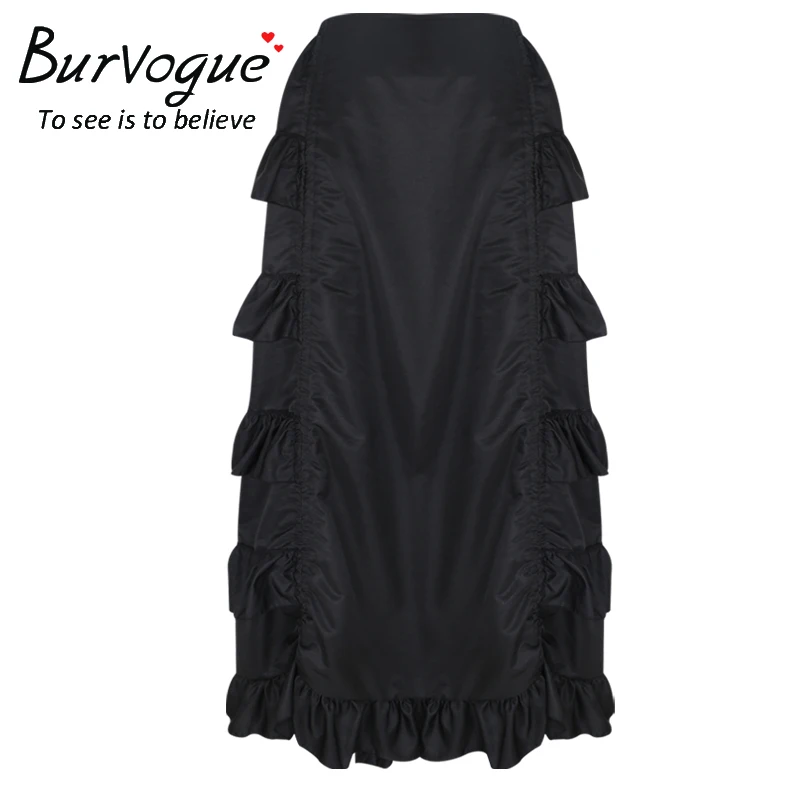 Burvogue Женская сатиновая модная юбка асимметричная длинная готическая юбка стимпанк на шнуровке Макси гофрированные черные корсетные юбки для женщин s