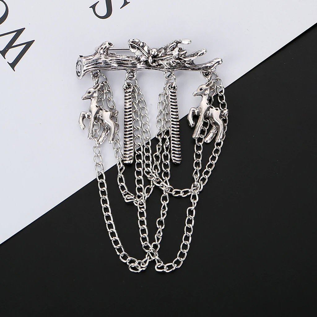 Elegant Deer and Tree Branches Brooch with Hanging Tassel Chain Elegant Lapel Pin for Suit Tuxedo, Christmas Gifts