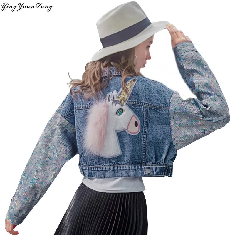 

YingYuanFang Spring and Autumn Tide brand new heavy work patch sleeves sequins bat sleeves denim short loose retro jacket