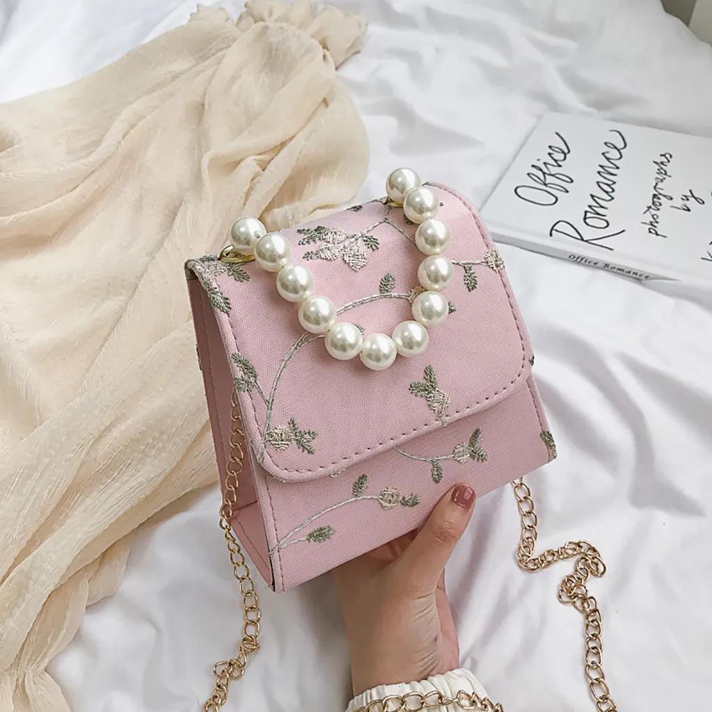 

woman pearl handbag summer Flower Embroidered PU Leather chain Shoulder Messenger sac ladies candy color Beach Bolsa Feminina