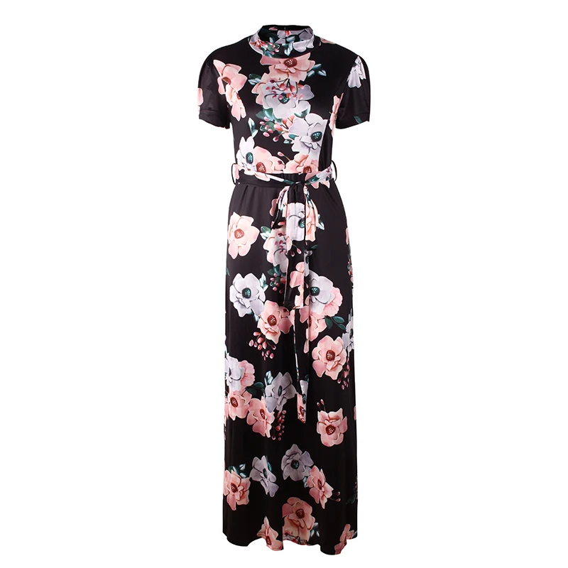 BBYES 3 Colours Autumn Fashion Women Floral Print Belt Stand Collar Short Sleeve Long  Dress Floral Casual Beach Print Dresses