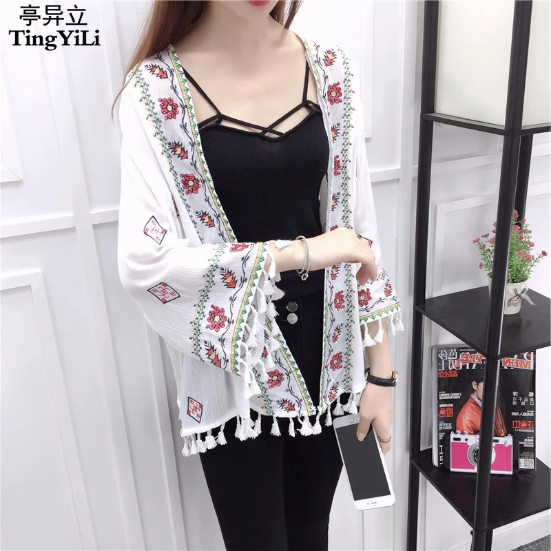 

TingYiLi Ethnic Boho Kimono Cardigan Vintage Floral Embroidery Cardigan Girl Beige Black White Cardigans Women Summer