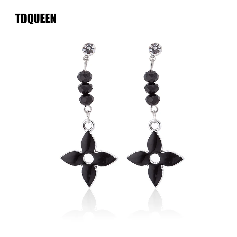 

TDQUEEN Black Flower Drop Earrings for Women Fashion Ear Jewellry Rhinestone Crystal Earings Silver Plated Metal Long Earring