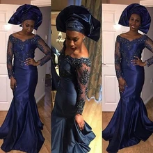 2016 Navy Blue Evening Dresses with Long Sleeves Appliqued Islamic Dubai Abaya Kaftan Long Arabic Evening dress without Hijab