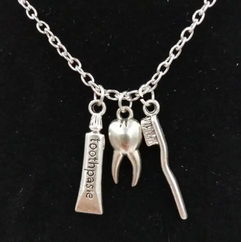

1Pcs Antique Silver Dental hygienist toothbrush /toothpaste/ Tooth Pendant Necklace For womens Gifts Fashion Jewelry