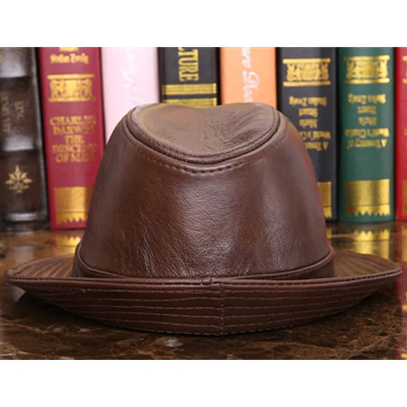 Men Genuine Leather Fedoras Hat Winter Cowhide Leather Jazz Hats High Quality