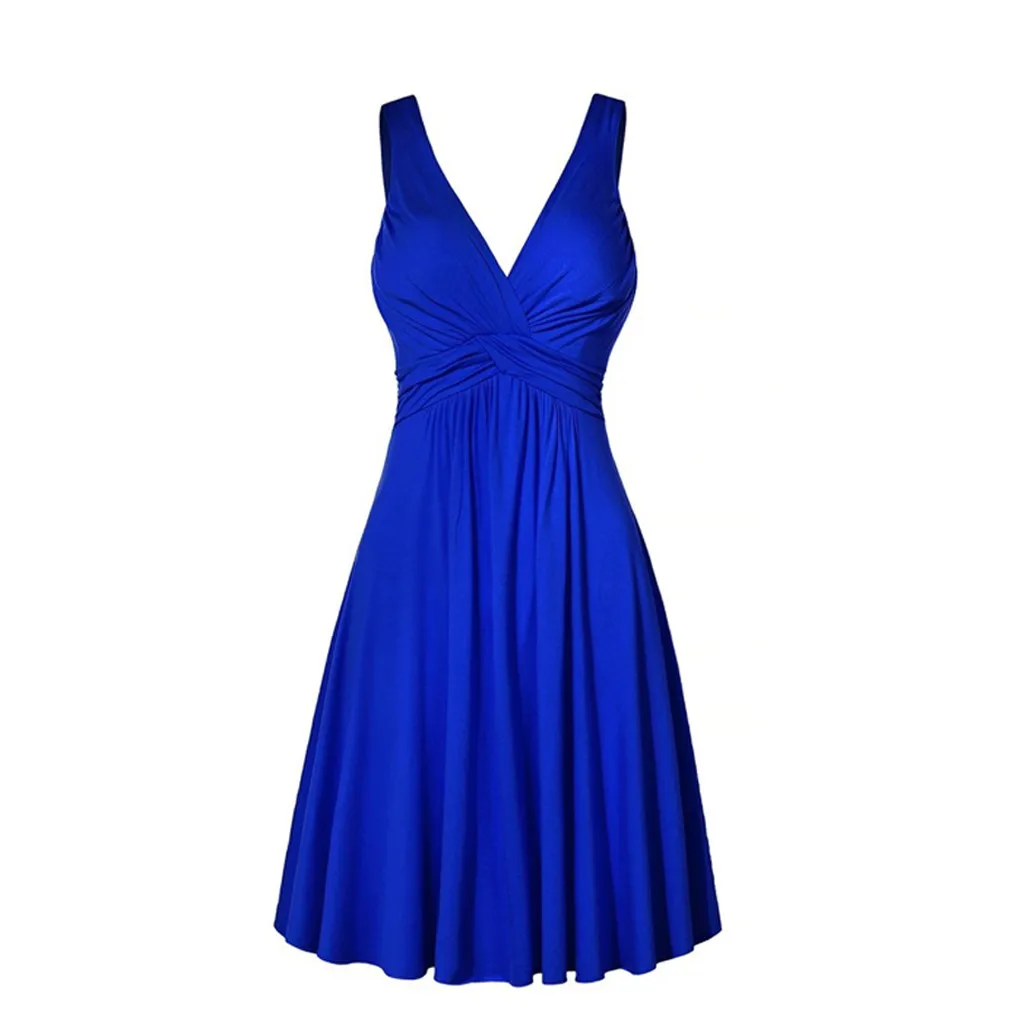 

2019 New Summer Women Dress Formal Sexy Solid Plus Size V-neck Dresses Retro Sling Pleated Slim Flare Party Sundress G0520#20