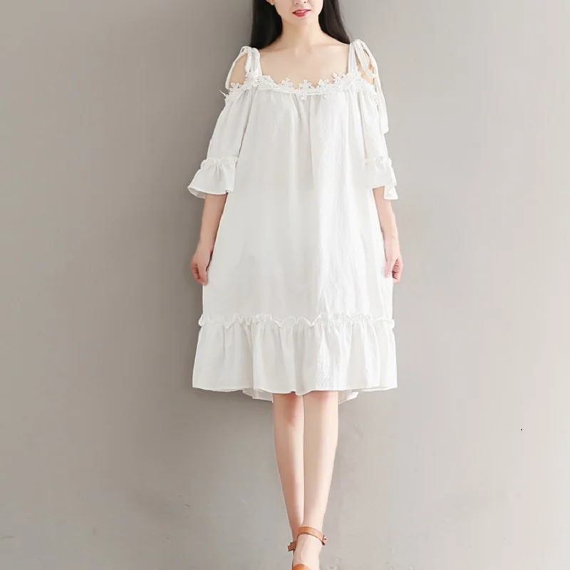 

Mori Girl Summer Women Spaghetti Strap Dress Slash Neck Cotton Beach Vestido De Festa Sweet Corchet Cute Kawaii Ruffles Dress
