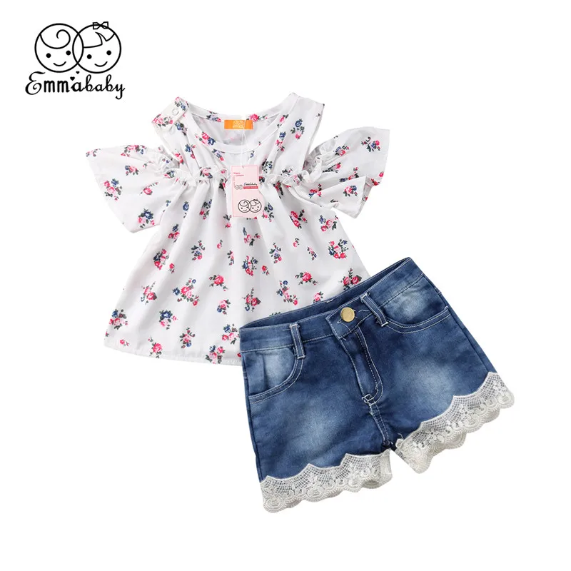 Emmababy новые модные Дети для маленьких девочек с открытыми плечами Цветочные Топы + кружевные джинсовые шорты 2 шт. верхняя одежда комплект