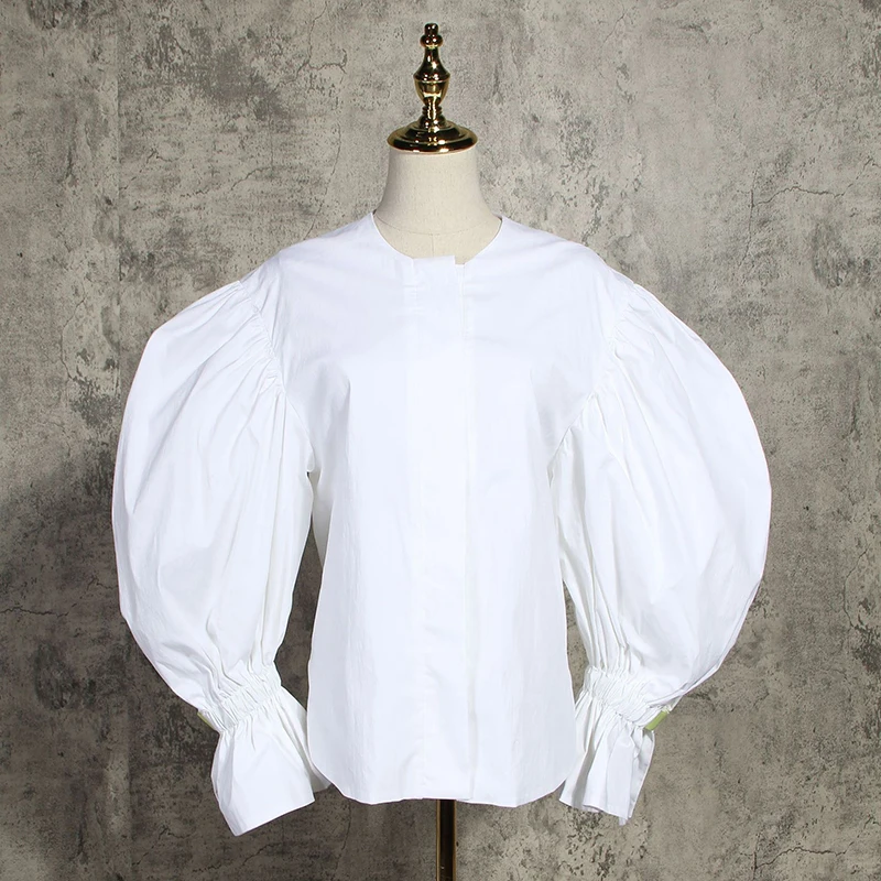 [EAM] Women Blouse New Round Collar Long Lantern