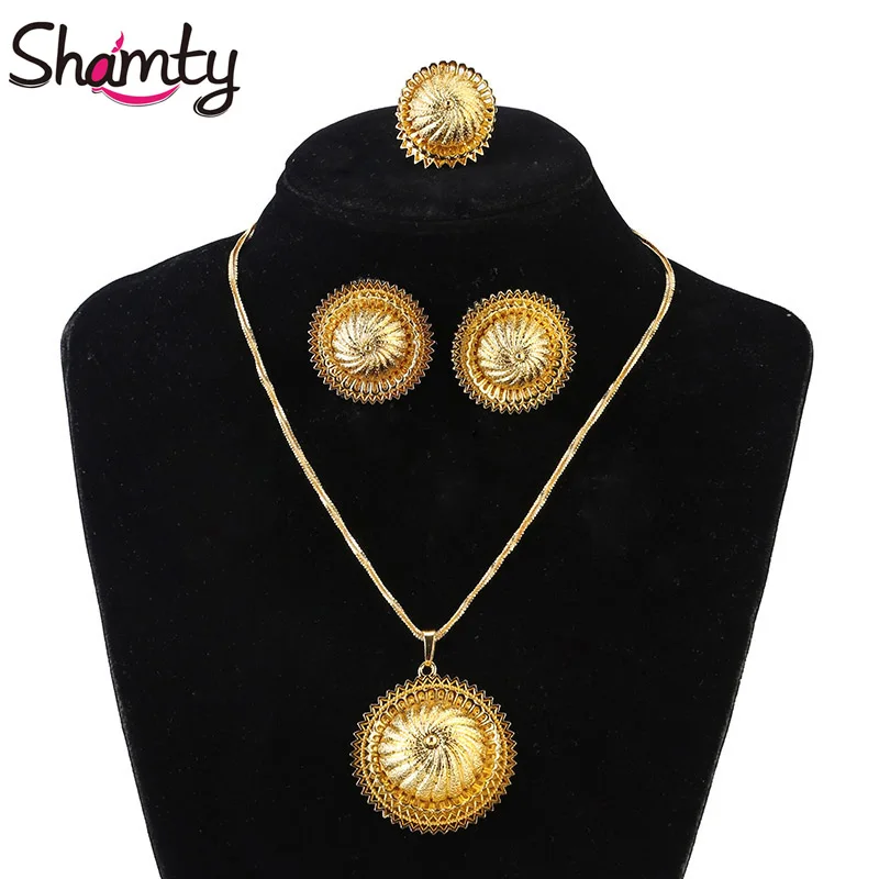 Shamty Pure Gold Color Twirl Pendant Wedding Jewelry Set Habesha Style