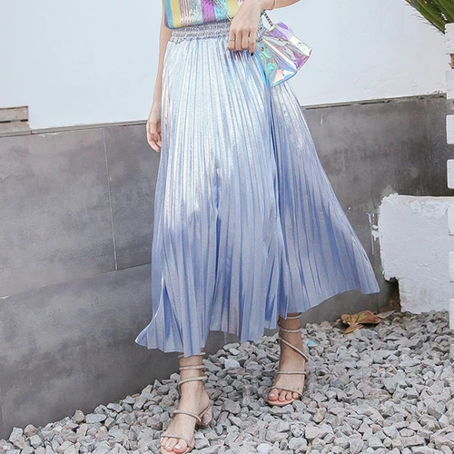 

TingYiLi Metallic Shinning Pleated Skirt Long Blue Pink Skirts Womens Maxi Skirt Summer