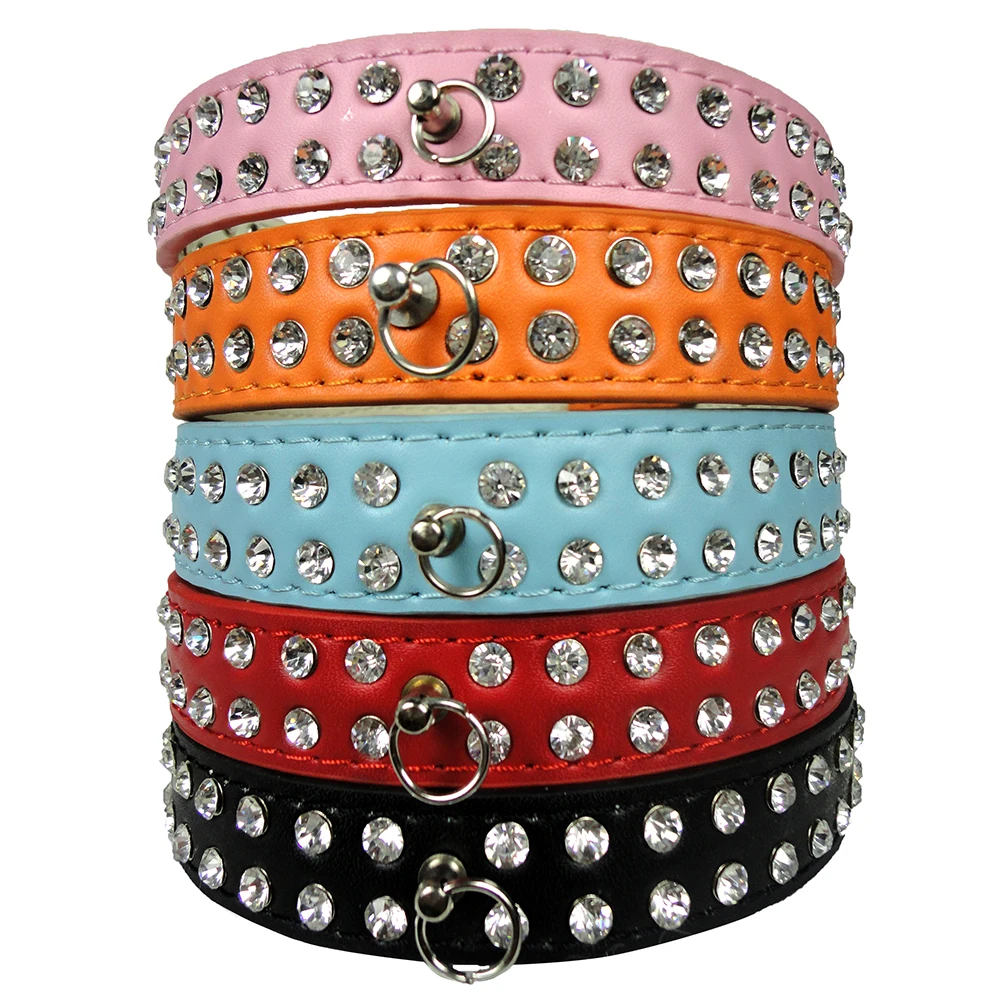 Cute Bling 2 Rows Rhinestone Leather Dog Collars For Pet Puppy Pink
