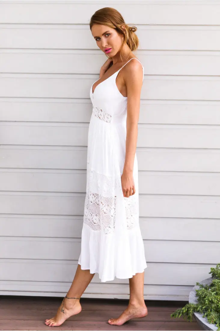 Женское летнее Бохо длинное платье повседневное вечерние пляжное платье бретелька сарафана белое кружевное богемное пляжное платье